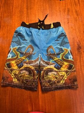 Zero X Posur Boys Swim Trunks Large-7 Blue Graphic Sharks Octopus Elastic Waist